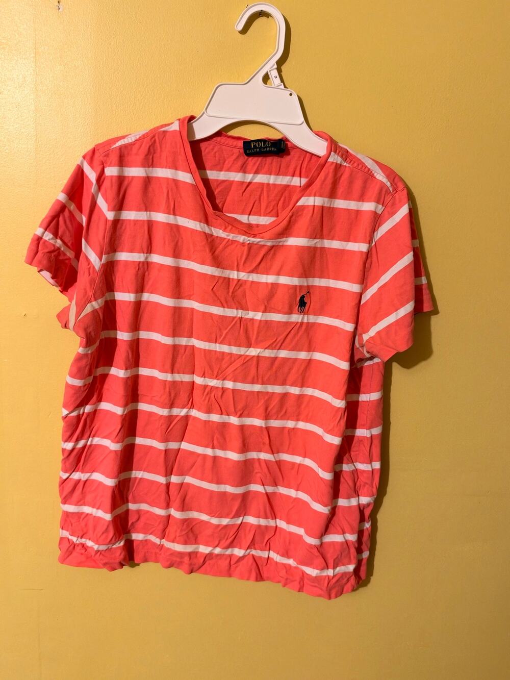 Polo Ralph Lauren Women's Coral Pink & White Striped Short Sleeve T-Shirt
